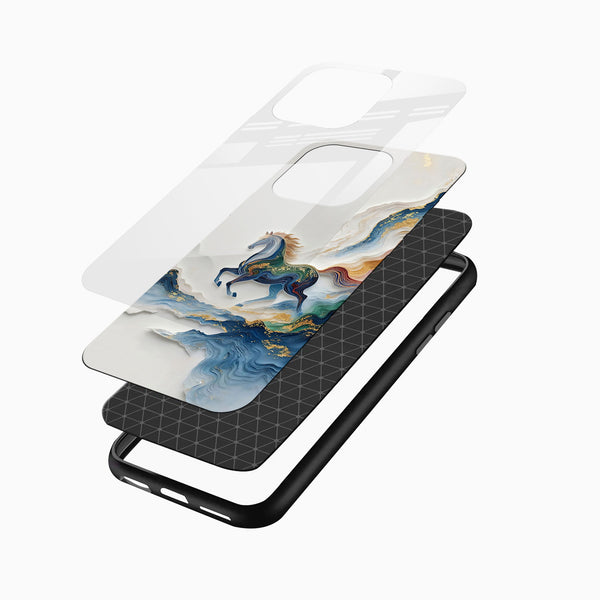 Luxury Glass Mobile Cover angled display with majestic blue horse, ocean waves and gold artistic detailing for iPhone and Android users