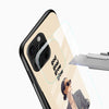 Stylish girl aesthetic phone case with beige background glossy glass back angled view