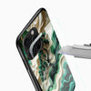 Artistic emerald wave mobile back cover close-up with textured nature tree artwork and camera cutout