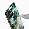 Artistic ivory flower abstract phone cover close-up with textured teal swirl pattern and camera cutout
