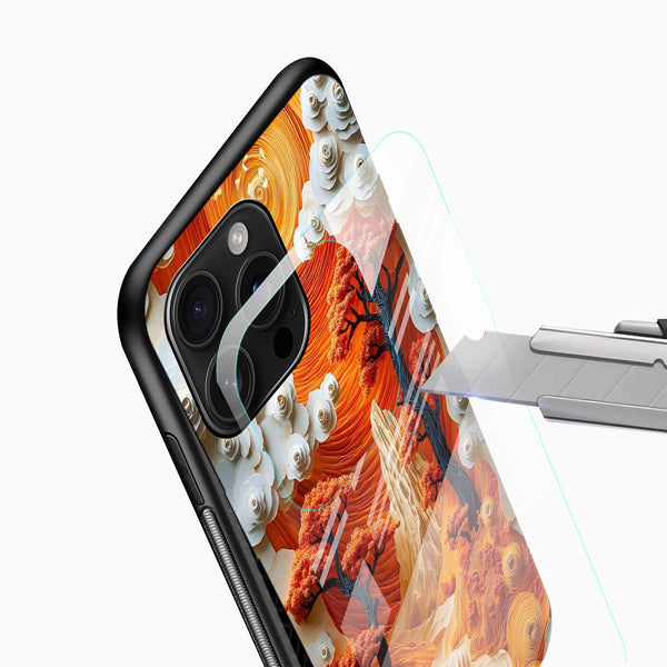 Artistic canyon landscape phone cover close-up with orange trees, ivory floral details, and camera cutout
