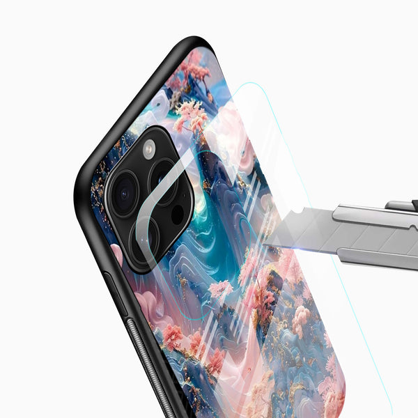 Fantasy mountain Glass Mobile Cover close-up with pink blossom trees, blue landscape artwork and camera cutout detail