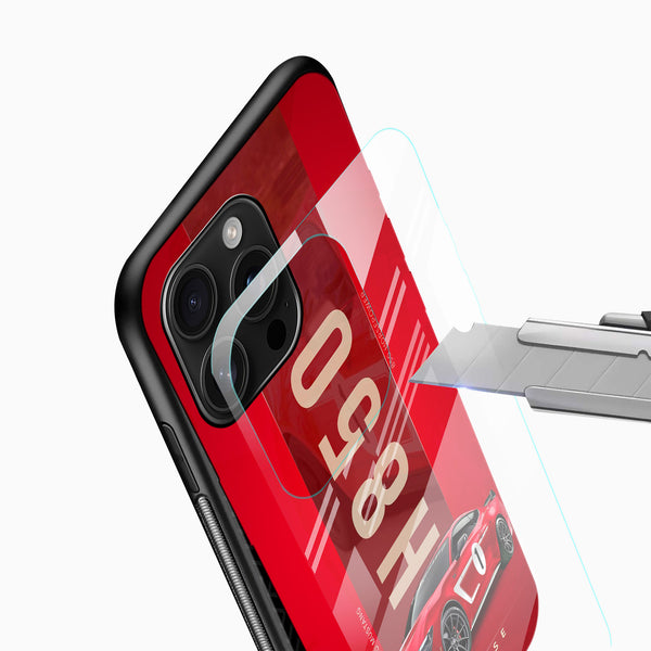 Red Mustang Dark Horse Glass Mobile Cover close-up with H850 performance artwork and camera cutout detail
