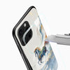 Blue horse Glass Mobile Cover close-up featuring flowing waves, gold accents and detailed horse artwork