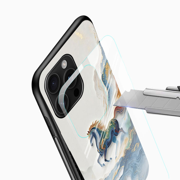 Blue horse Glass Mobile Cover close-up featuring flowing waves, gold accents and detailed horse artwork