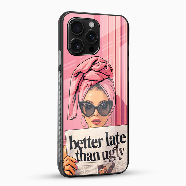Stylish pink girl designer phone case glossy glass back slim shockproof cover angled view