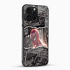 Stylish superhero phone case with comic collage and glossy glass finish angled view