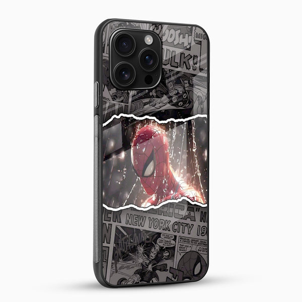 Stylish superhero phone case with comic collage and glossy glass finish angled view