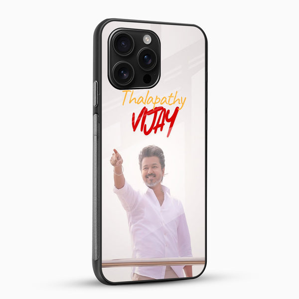 Vijay fan art designer phone case with glossy glass back angled view