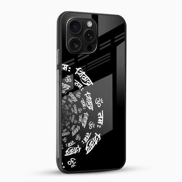 Om Sanskrit designer phone case with black glossy glass back angled view