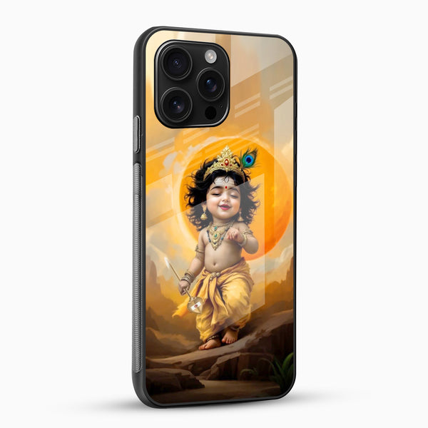 Lord Murugan designer phone case with golden background glossy glass back angled view