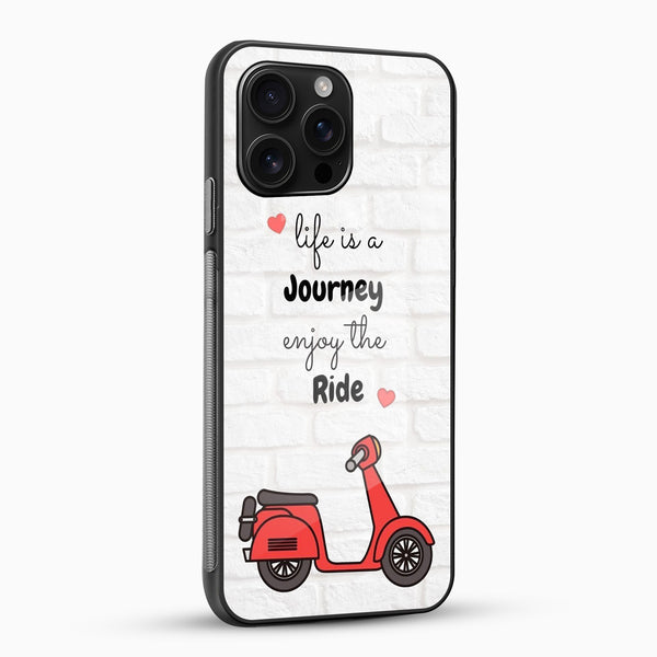 Cute scooter quote phone case with white brick background glossy glass back angled view