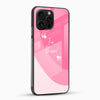 Pink quote designer phone case with glossy glass back and abstract pattern angled view