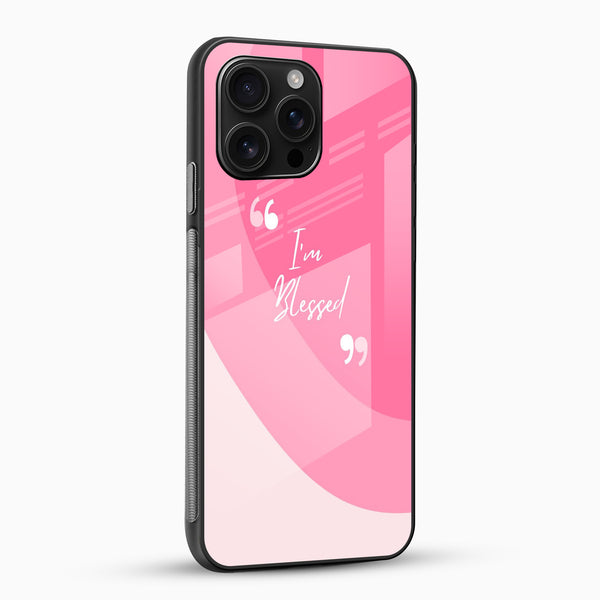 Pink quote designer phone case with glossy glass back and abstract pattern angled view