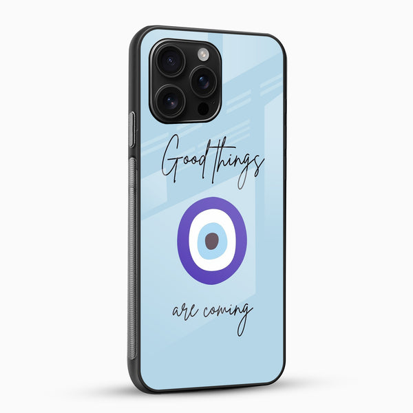 Blue evil eye aesthetic phone case with glossy glass back angled view