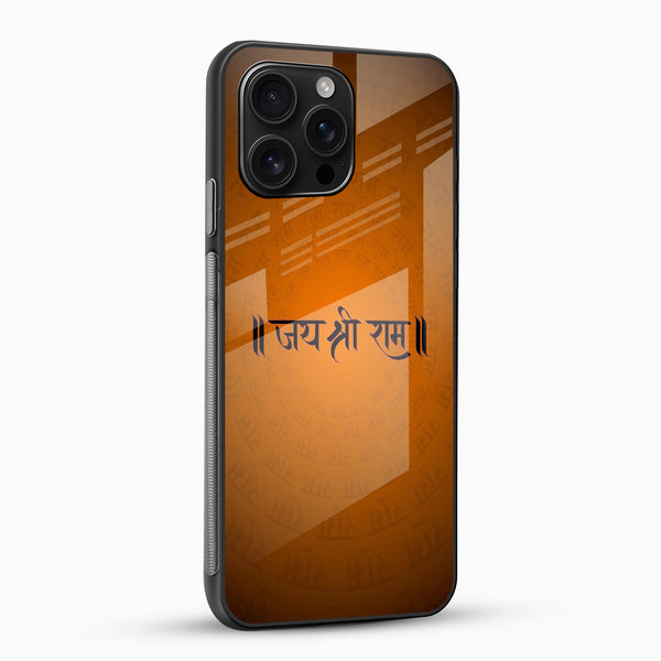 Saffron Jai Shri Ram designer phone case with glossy glass back angled view