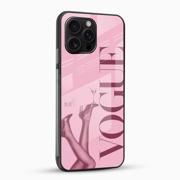 Stylish pink fashion phone case with glossy glass back angled view
