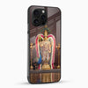 Murugan deity phone case with peacock and vel glossy glass back angled view