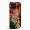Murugan deity phone case with colorful peacock and glossy glass back angled view
