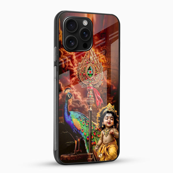 Murugan deity phone case with colorful peacock and glossy glass back angled view