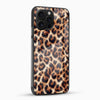 Leopard pattern designer phone case with glossy glass back angled view