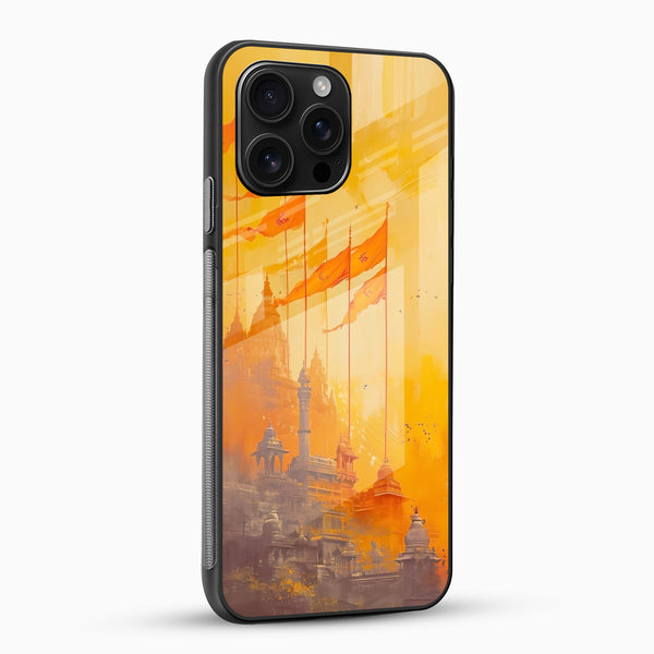 Ram Mandir aesthetic phone case with glossy glass back and saffron flags angled view