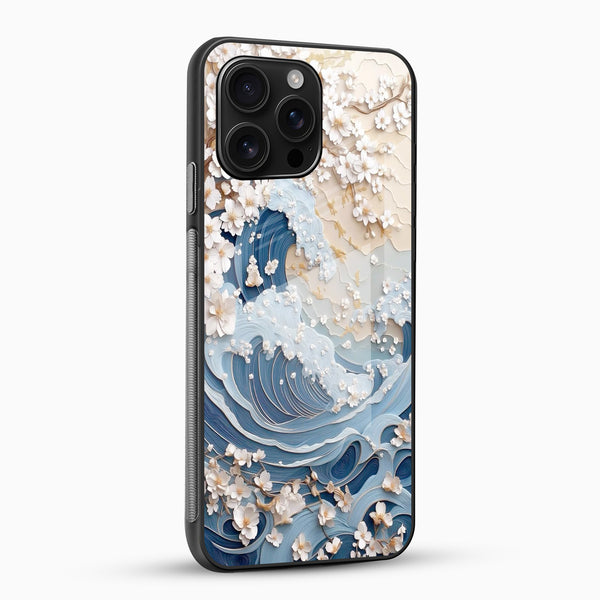 Premium floral ocean wave mobile case side angle showing glossy tempered glass finish and slim fit design