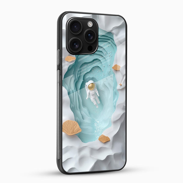 Premium astronaut-themed phone case side angle showing glossy tempered glass finish and slim fit design