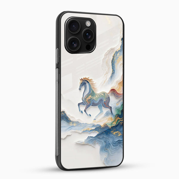 Premium horse-themed phone case side angle showing glossy tempered glass finish and slim fit design