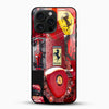 Ferrari racing collage glass phone case with red supercar design front view