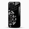 Black Om Sanskrit spiral glass phone case with spiritual design front view