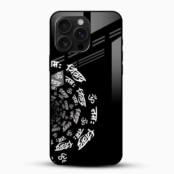 Black Om Sanskrit spiral glass phone case with spiritual design front view