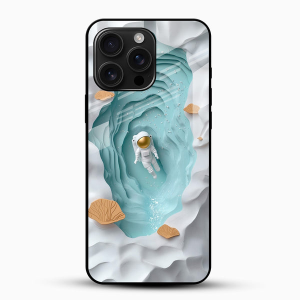 Astronaut Lagoon Glass Mobile Cover front angle view with minimalist space artwork for iPhone