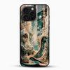 Mystical Forest Fantasy Glass Mobile Cover front angle with teal and gold artistic landscape design for iPhone