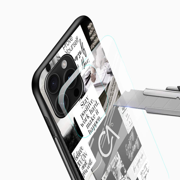 Inspirational quote collage mobile cover close-up with productivity-themed artwork and camera cutout