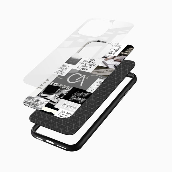 Modern monochrome Glass Mobile Cover angled display featuring motivational quotes and aesthetic workspace design for iPhone and Android users
