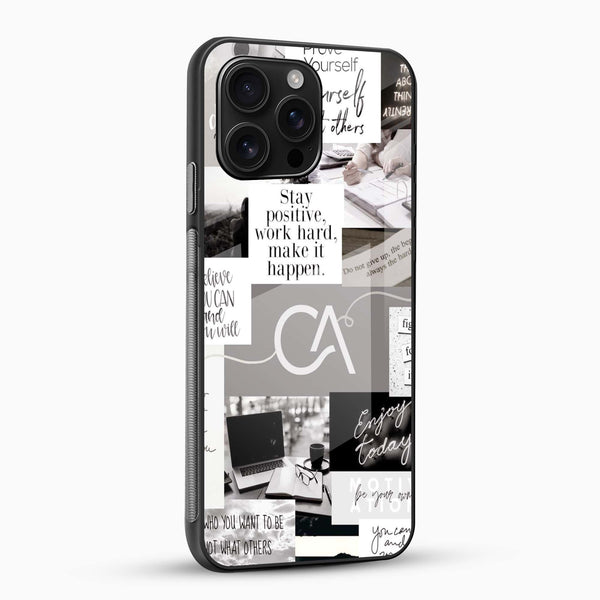 Premium motivational aesthetic phone case side angle showing glossy tempered glass finish and slim fit design