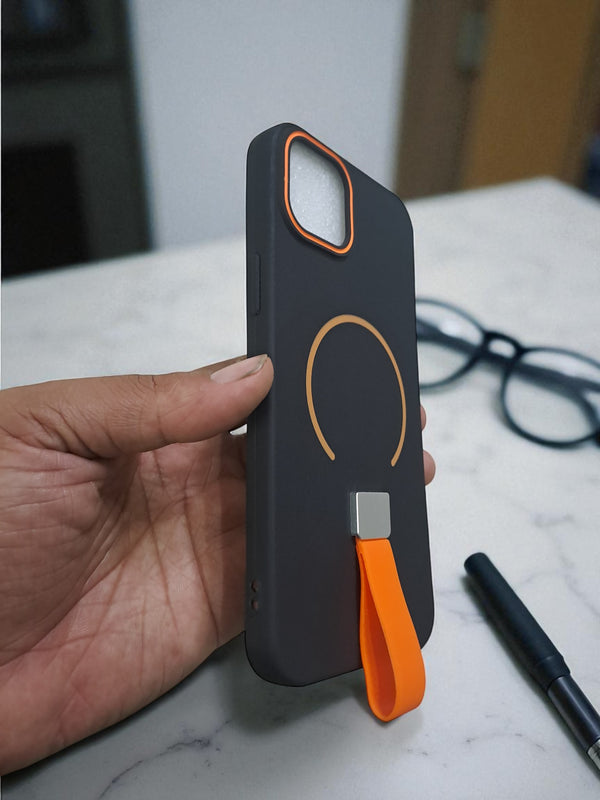 Black MagSafe Soft TPU Case with Orange Finger Grip - Cover Stall