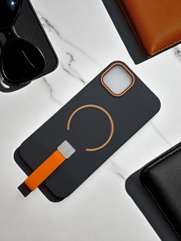 Black MagSafe Soft TPU Case with Orange Finger Grip - Cover Stall