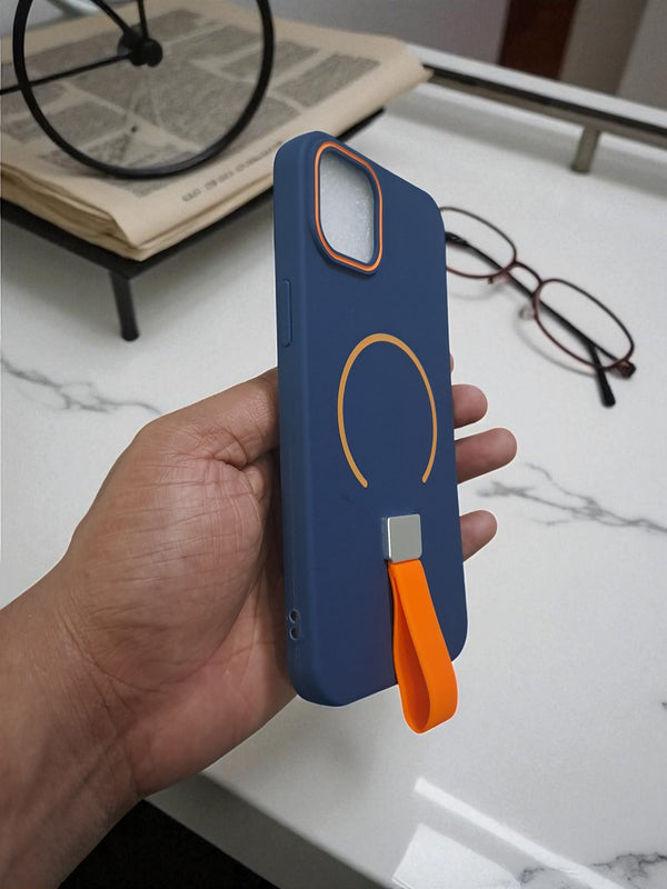 Navy Blue MagSafe Soft TPU Case with Orange Finger Grip - Cover Stall