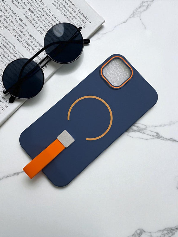 Navy Blue MagSafe Soft TPU Case with Orange Finger Grip - Cover Stall