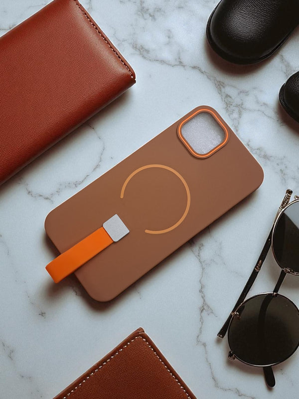 Brown MagSafe Soft TPU Case with Orange Finger Grip - Cover Stall