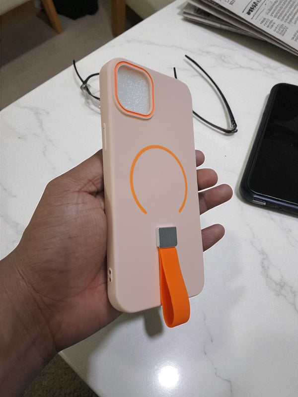 Peach MagSafe Soft TPU Case with Orange Finger Grip - Cover Stall