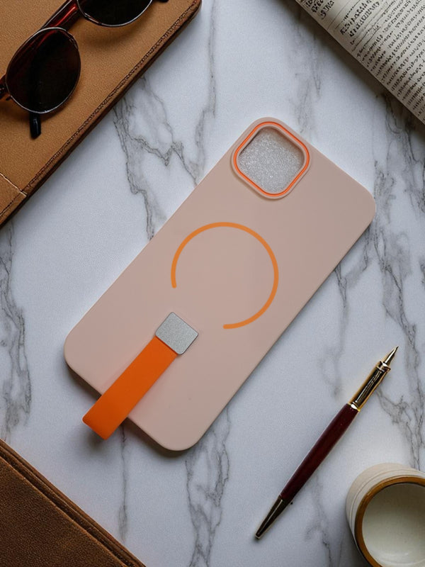 Peach MagSafe Soft TPU Case with Orange Finger Grip - Cover Stall