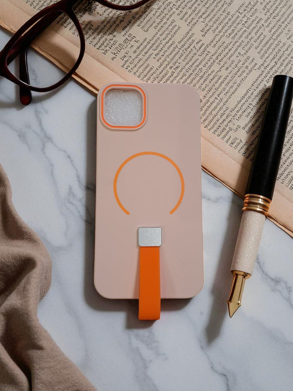 Peach MagSafe Soft TPU Case with Orange Finger Grip - Cover Stall