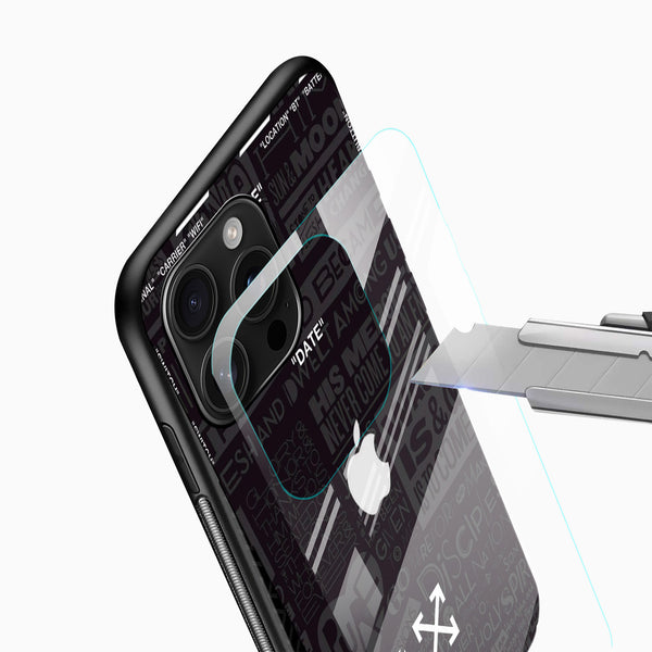 Typography graphic phone cover close-up with arrow artwork and camera cutout detail