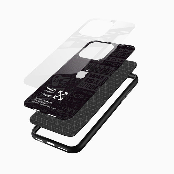 Urban fashion-inspired glass back mobile cover angled display with modern typography and arrow graphics for iPhone and Android