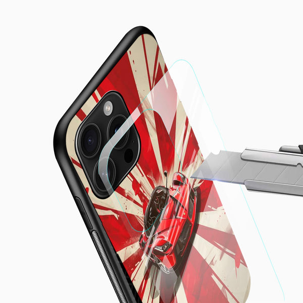 Red racing supercar phone cover close-up with dynamic automotive artwork and camera cutout
