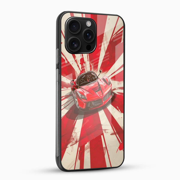 Premium sports car mobile case side angle showing glossy tempered glass finish and slim fit design