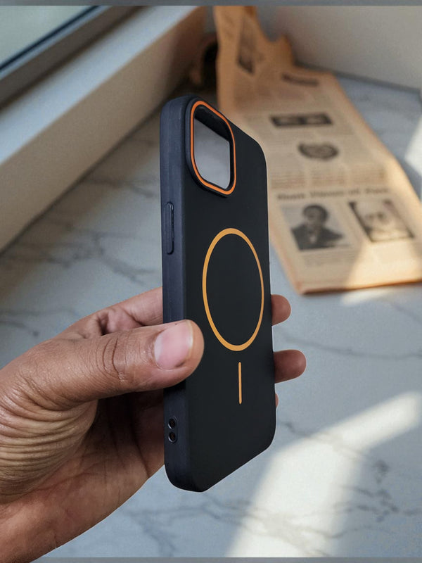 Black MagSafe Soft TPU Case with Orange Ring | Premium iPhone Cover - Cover Stall